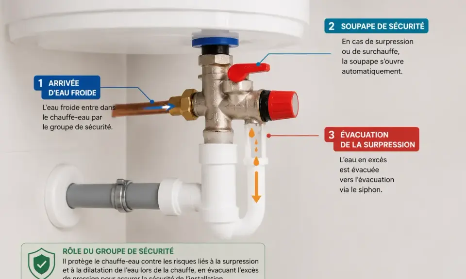 Le groupe de sécurité d'un chauffe-eau, avec sa soupape et son évacuation, assure la protection contre la surpression.