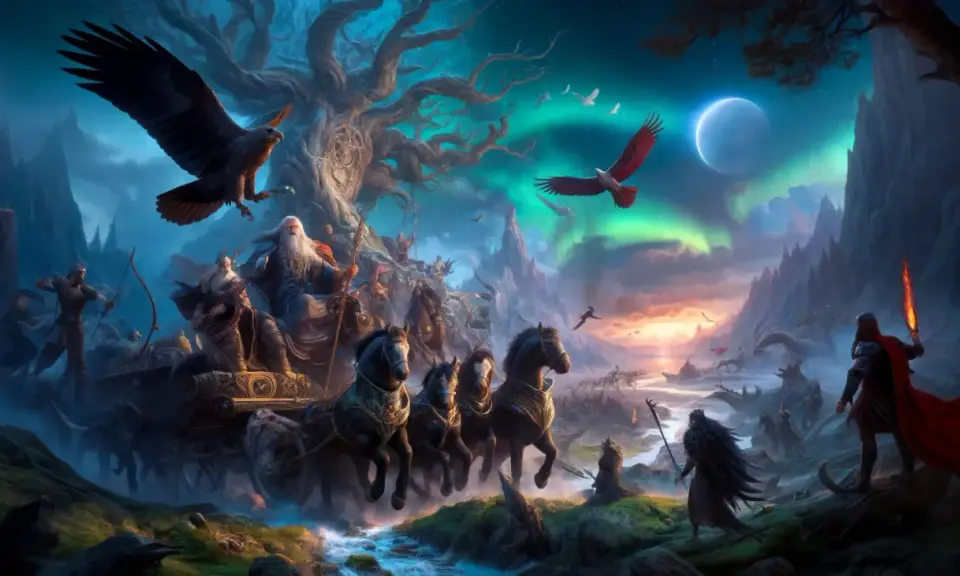 En vagn dragen av hästar, med gamla män och örnar, under norrsken. En scen som påminner om fornnordisk religion och mytologi.