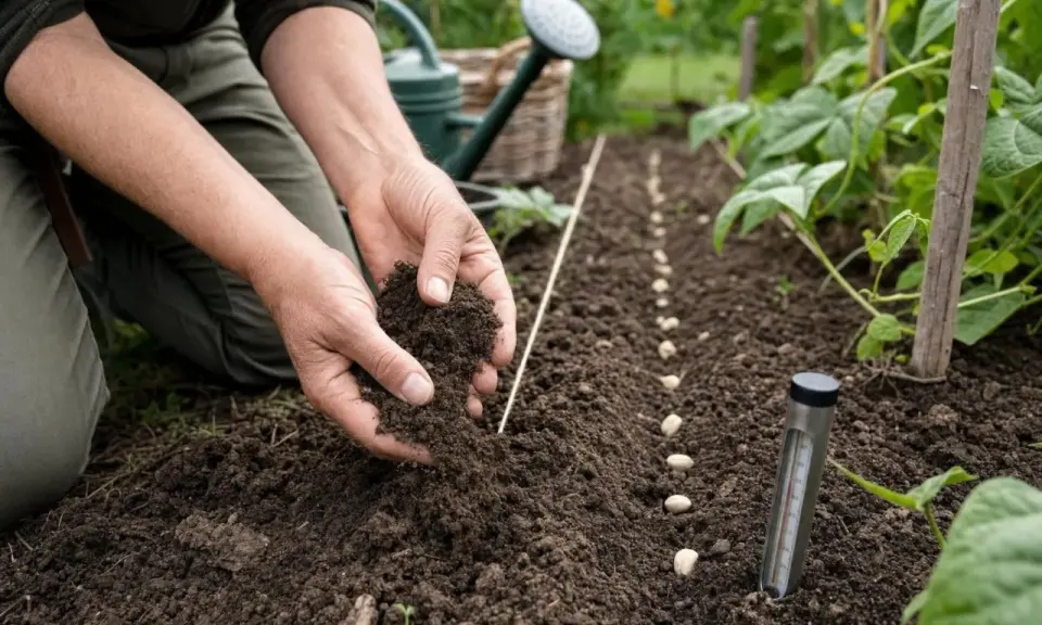 Mains tenant de la terre pour semer des haricots verts, suivant la tradition de semer avec la lune. Un thermomètre de sol est planté à proximité.