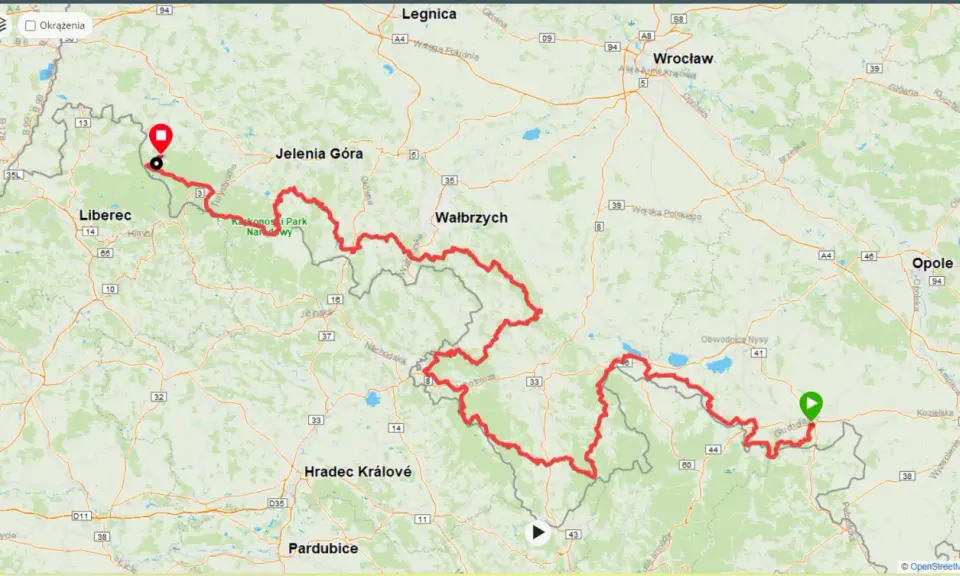 Mapa szlaku z zaznaczonymi punktami. Główny szlak sudecki ile dni zajmuje przejście? Trasa prowadzi przez Karkonosze, Wałbrzych, Opole.