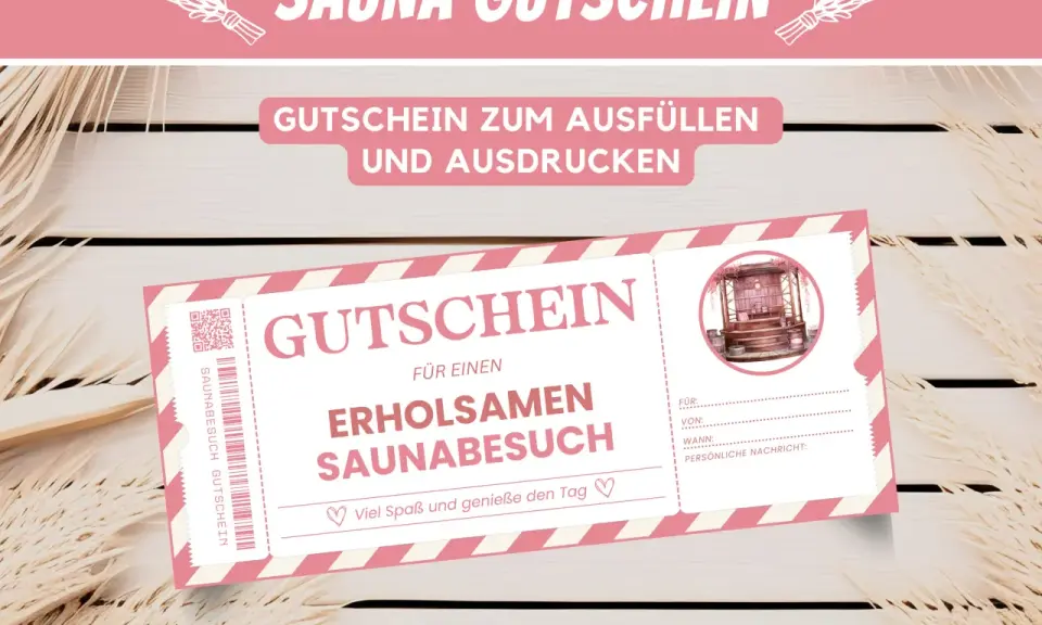 Ein Gutschein für einen erholsamen Saunabesuch mit Illustration einer Sauna.