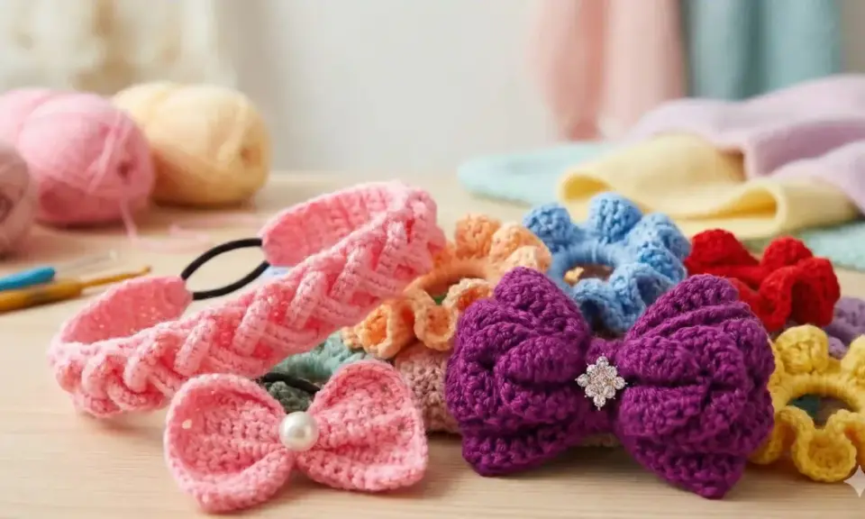 Coletero crochet de varios colores, con lazos y flores, junto a ovillos de lana y ganchillos.