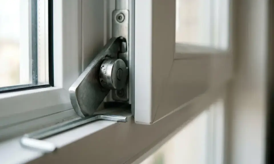 Detalle del mecanismo cierre ventana abatible, con palanca metálica y pivote.