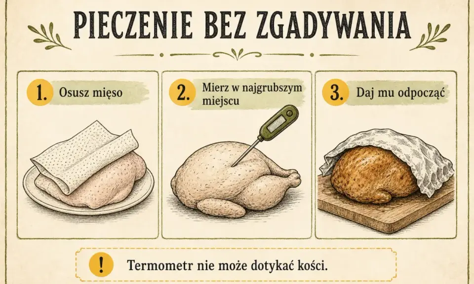 Instrukcja pieczenia kurczaka: osusz mięso, zmierz temperaturę w najgrubszym miejscu, daj mu odpocząć. Termometr nie może dotykać kości.