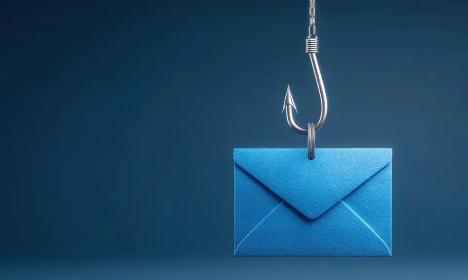Ein blauer Brief wird von einem Angelhaken hochgehalten, ein Symbol für Social Phishing.