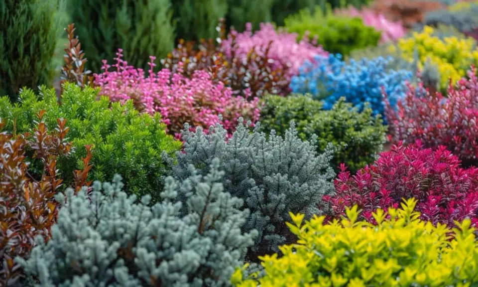 Un parterre coloré de divers arbustes persistants en plein soleil, allant du vert vif au bleu, rose, jaune et rouge.