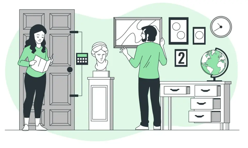 Una pareja resuelve acertijos en una habitación temática, buscando pistas para un escape room familiar.