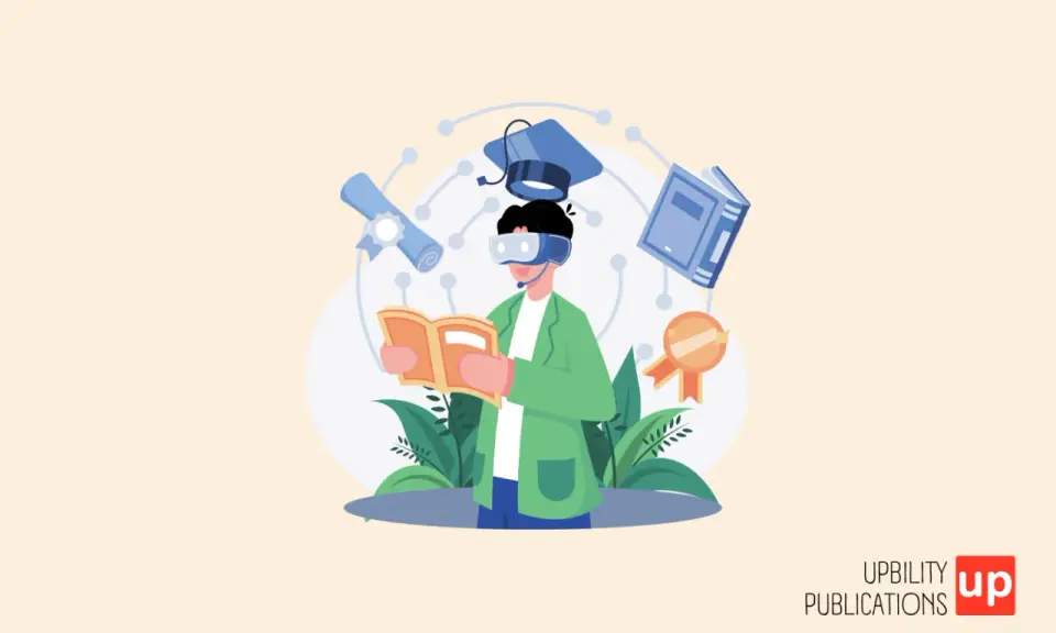 Un ragazzo con visore VR legge un libro, circondato da simboli di studio: cappello, diploma, libro e medaglia. Un'illustrazione che evoca l'idea di studiare e imparare, quasi come disegnare sul computer.