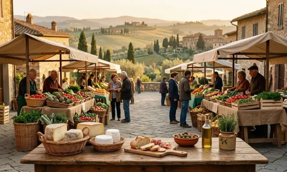 Mercato toscano con prodotti freschi e formaggi, ideale per vacanze enogastronomiche.