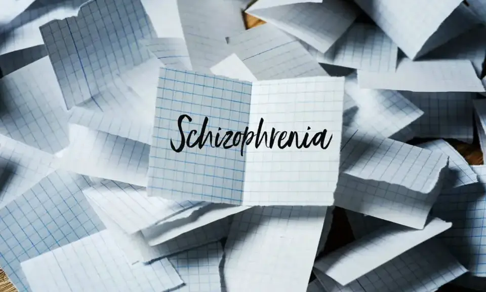 Rozrzucone kartki w kratkę, na jednej napis "Schizophrenia". Obraz symbolizuje chaos myśli, objawy schizofrenii hebefrenicznej.