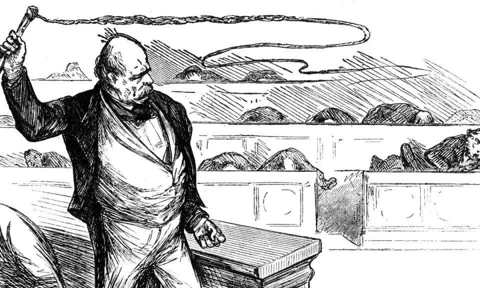 Bismarck, mit einer Peitsche drohend, dominiert die Szene. Seine innenpolitik ist unerbittlich, wie die gebeugten Figuren im Hintergrund zeigen.