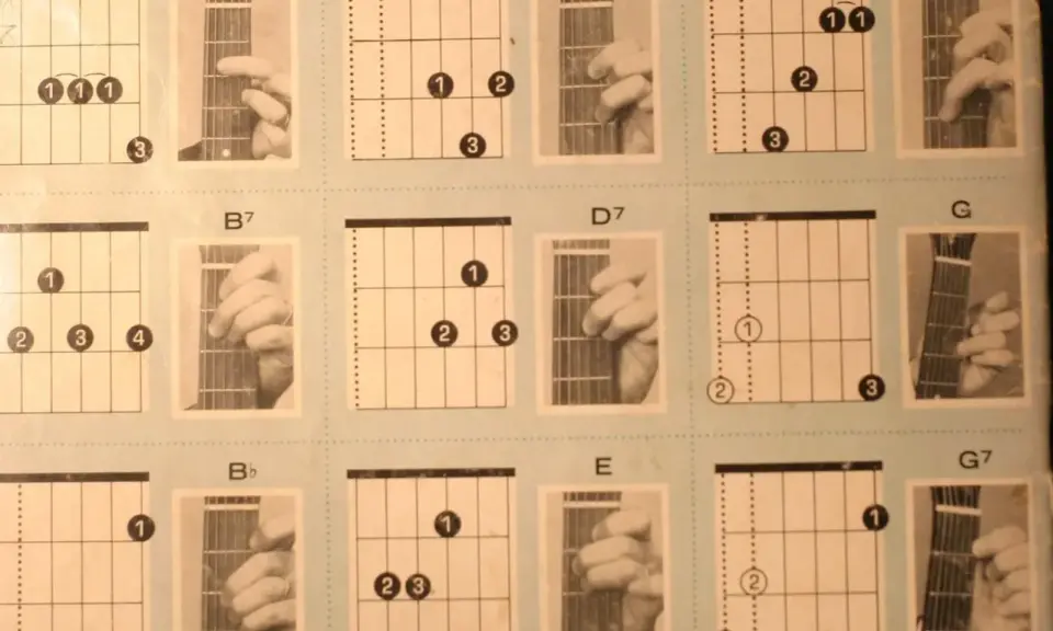 Diagramy akordów na gitarze: A7, B7, Bb, D, D7, E, F, G, G7. Poznaj, ile jest akordów na gitarze, ucząc się tych podstawowych chwytów.