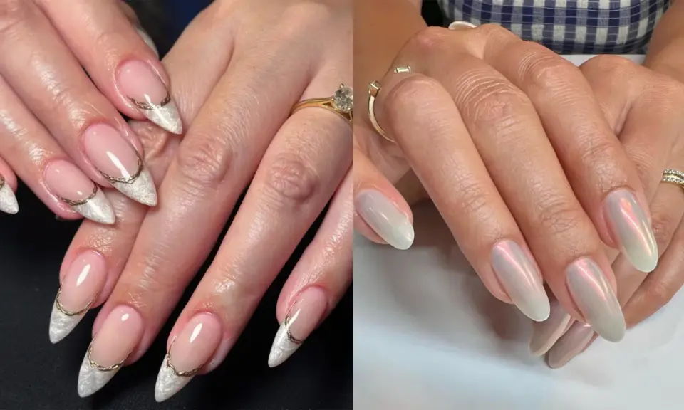 Dwa zestawy paznokci: jeden z francuskim manicure i złotymi zdobieniami, drugi z opalizującym, perłowym kolorem.