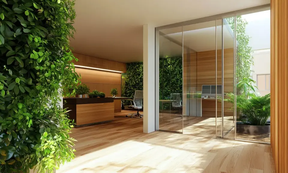 Oficina moderna con abundante vegetación interior. Una gran planta verde domina el primer plano. Al fondo, una **ventana sin marco detalle** permite ver un patio interior con más plantas.
