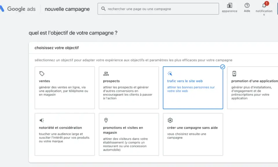 Interface Google Ads pour choisir l'objectif d'une campagne : "Trafic vers le site web" est sélectionné.