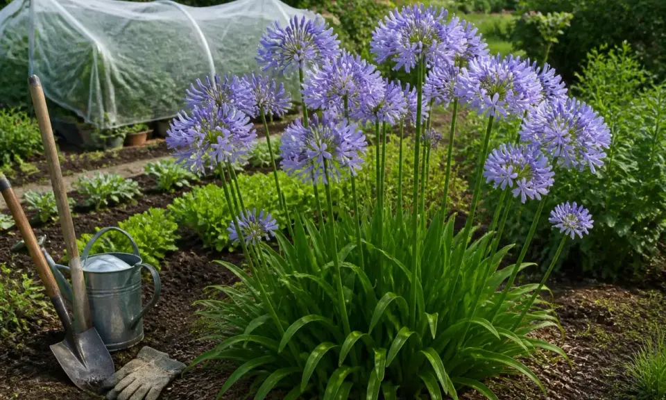 Gros plan sur une agapanthe en fleurs, avec des outils de jardinage à proximité. L'entretien de ces beautés bleues est un plaisir.