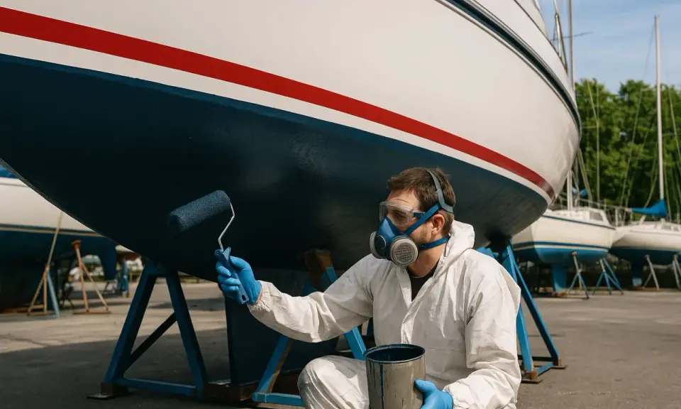 Homme en combinaison et masque appliquant l'antifouling bateau sur remorque avec un rouleau.