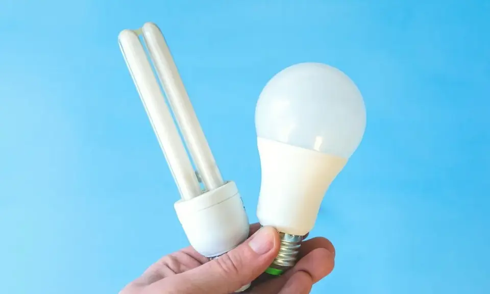 Une ampoule fluocompacte et une ampoule LED sont tenues dans une main, illustrant la puissance LED moderne.