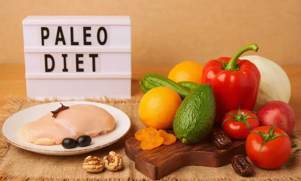 Na stole świeży kurczak, warzywa i owoce. Tablica z napisem "PALEO DIET" sugeruje zdrowe odżywianie.