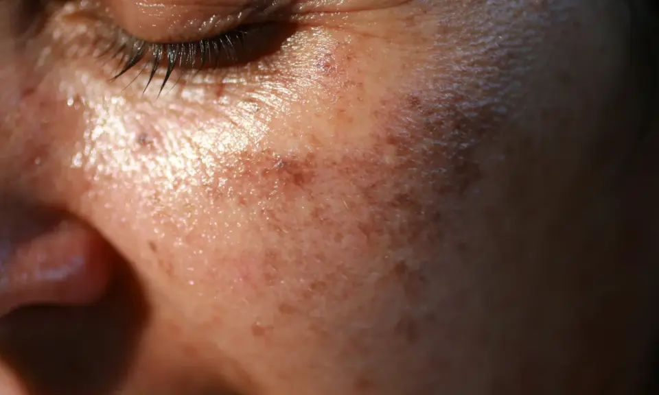 Gros plan sur la peau du visage, montrant des taches brunes. Des conseils sur comment enlever les taches brunes sur le visage pourraient être utiles.