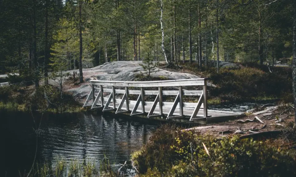 Drewniany mostek nad ciemną wodą, otoczony lasem i skałami. Piękny krajobraz w okolicach Drammen, Norwegia.