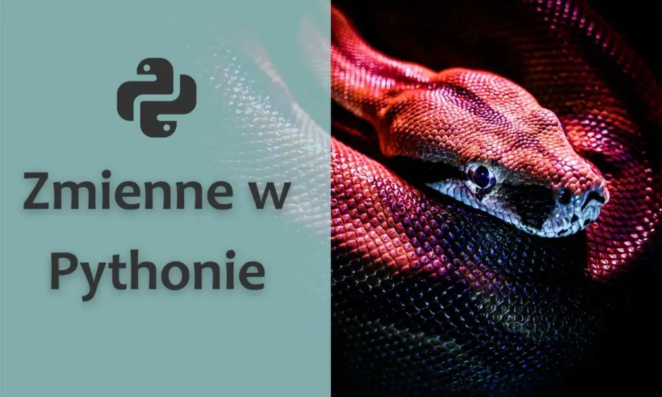 Logo Pythona i tekst "Zmienne w Pythonie". Obok wąż w czerwonych i fioletowych barwach, symbolizujący zmienne globalne python.