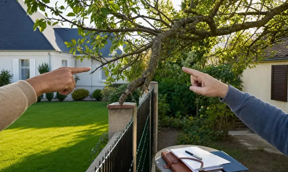 Deux voisins se disputent, pointant du doigt une branche d'arbre qui dépasse. Mon voisin refuse de couper ses branches.
