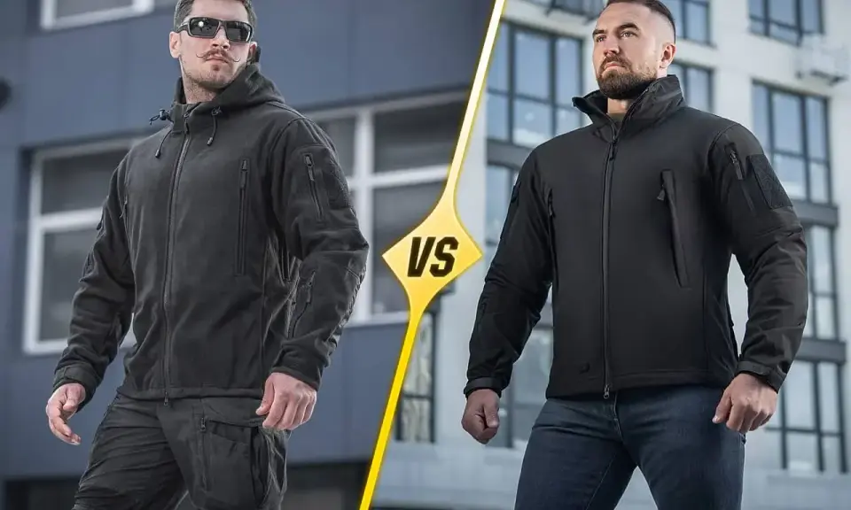 Dwóch mężczyzn prezentuje jaki softshell. Jeden w ciemnej kurtce z kapturem i spodniach taktycznych, drugi w czarnej kurtce i jeansach.