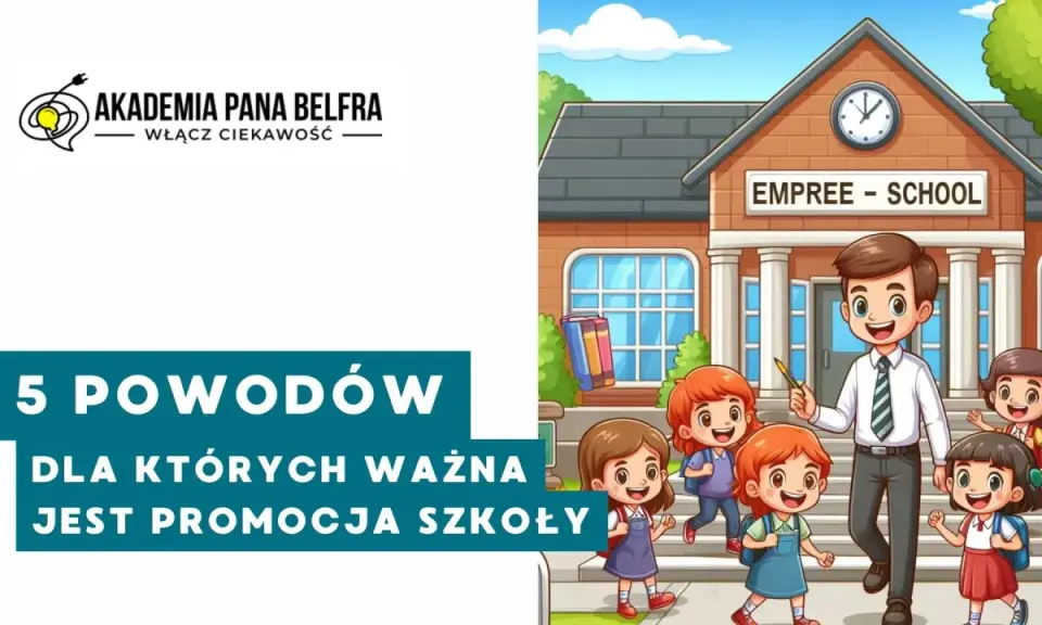 Akademia Pana Belfra: 5 powodów, dla których ważna jest promocja szkoły. Uśmiechnięty nauczyciel i dzieci przed budynkiem szkolnym.