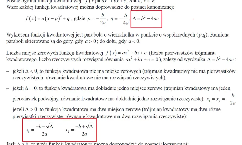 Wzory na pierwiastki funkcji kwadratowej x₁ i x₂ przy założeniu Δ > 0.