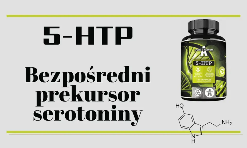 Butelka suplementu 5-HTP i wzór chemiczny serotoniny.