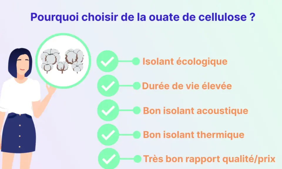 Une femme présente les avantages de la ouate de cellulose : isolant écologique, durable, acoustique, thermique et bon rapport qualité/prix.
