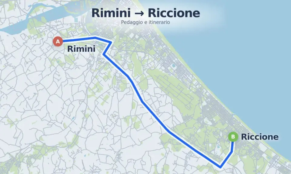 Mappa che mostra la distanza Rimini Riccione con un percorso blu che collega le due città.
