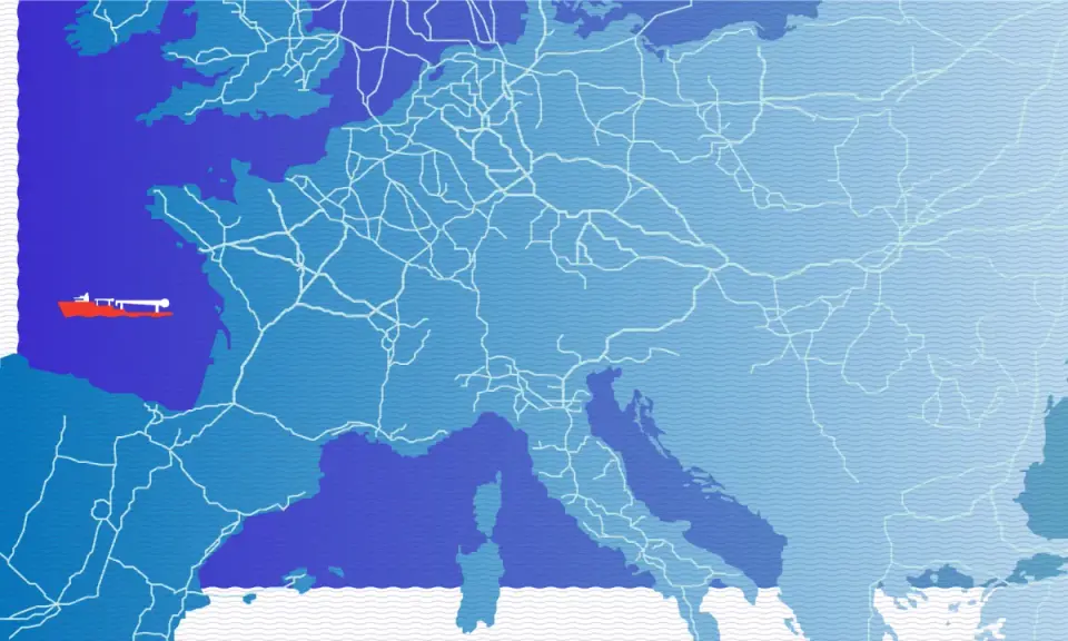 Karte Europas mit einem roten Schiff vor der Küste und einem weißen Netz, das den Gasnetz Europa darstellt.