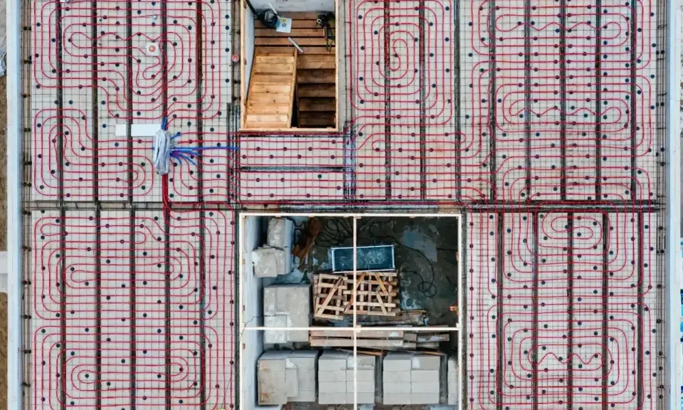 Siatka rur do ogrzewania podłogowego ułożona co 10-15 cm na betonowej płycie fundamentowej. Widoczne schody i materiały budowlane.