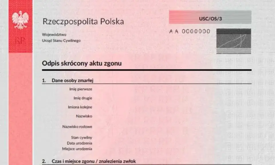 Fragment oficjalnego dokumentu, skrócony akt zgonu, zawiera dane zmarłej osoby i czas zgonu.