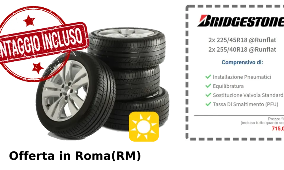 Offerta Bridgestone: 4 gomme Runflat, montaggio, equilibratura e smaltimento inclusi. Il costo cambio gomme è 715,00€.