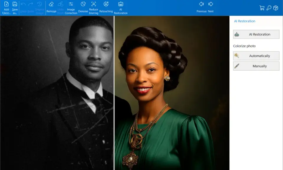 Un uomo in bianco e nero, graffiato, accanto a una donna colorata e ritoccata. L'app per fotografie mostra la trasformazione.