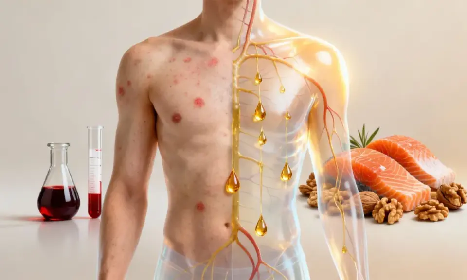 Skóra z wysypką i naczynia krwionośne z kroplami oleju, obok łosoś i orzechy. Objawy niedoboru omega-3 mogą być widoczne na skórze.