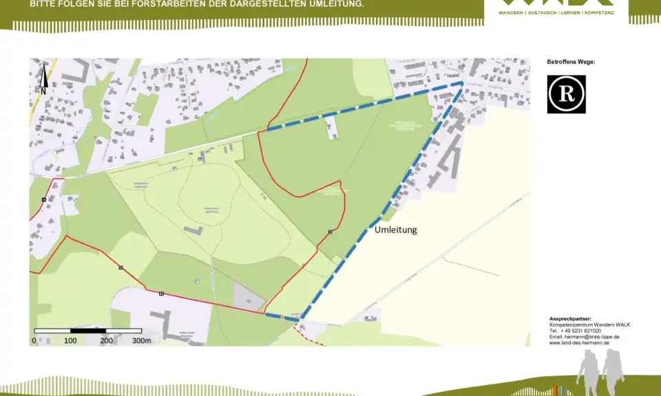 Umleitung wegen Forstarbeiten im Bereich des Residenzweges Detmold. Eine rote Linie markiert die Umleitung auf der Karte.