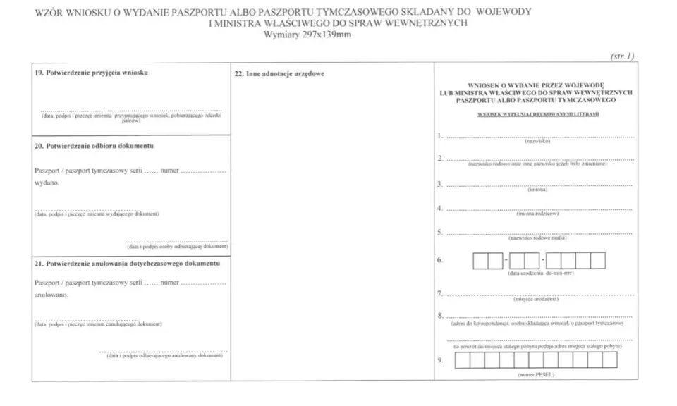Formularz wniosku o paszport, z polami do wypełnienia danych osobowych, daty urodzenia i numeru PESEL.