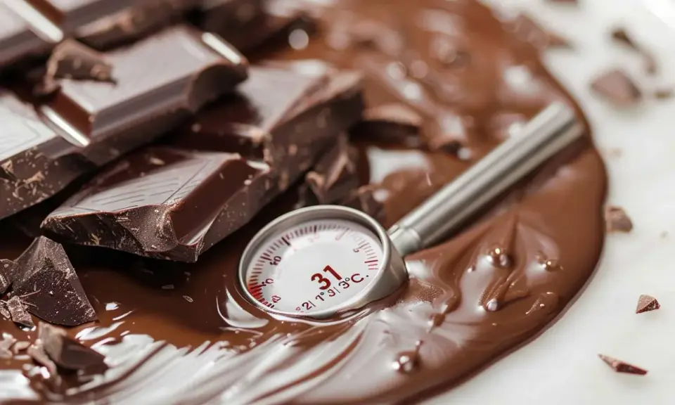 Morceaux de chocolat noir fondus, un thermomètre indiquant 31°C, parfait pour le temperage chocolat au lait.