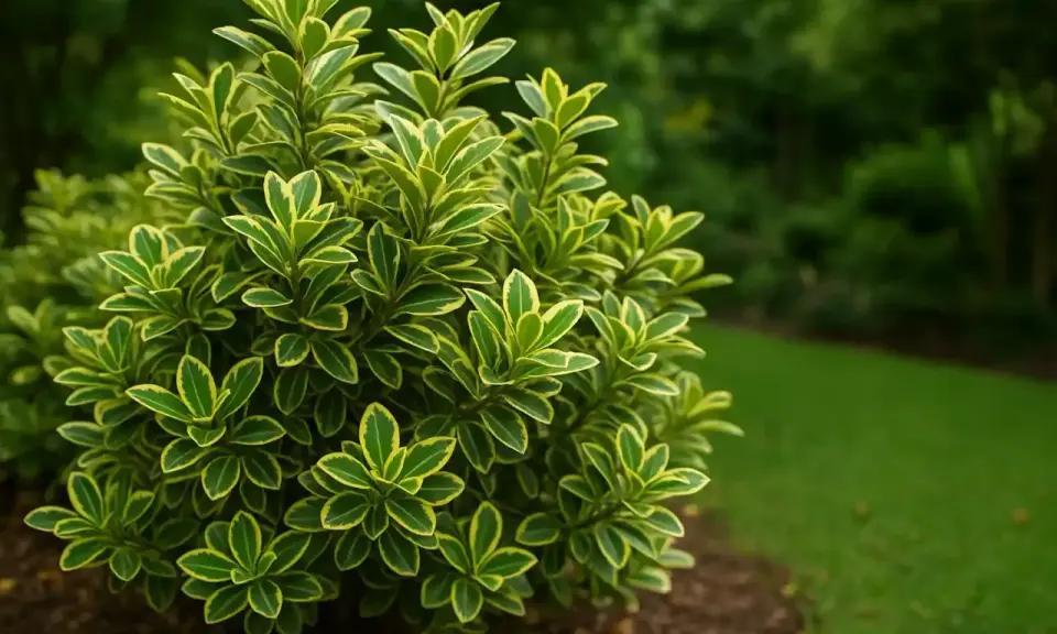 Un arbuste d'Euonymus japonicus aux feuilles vertes et jaunes, bien taillé, se dresse dans un jardin verdoyant.