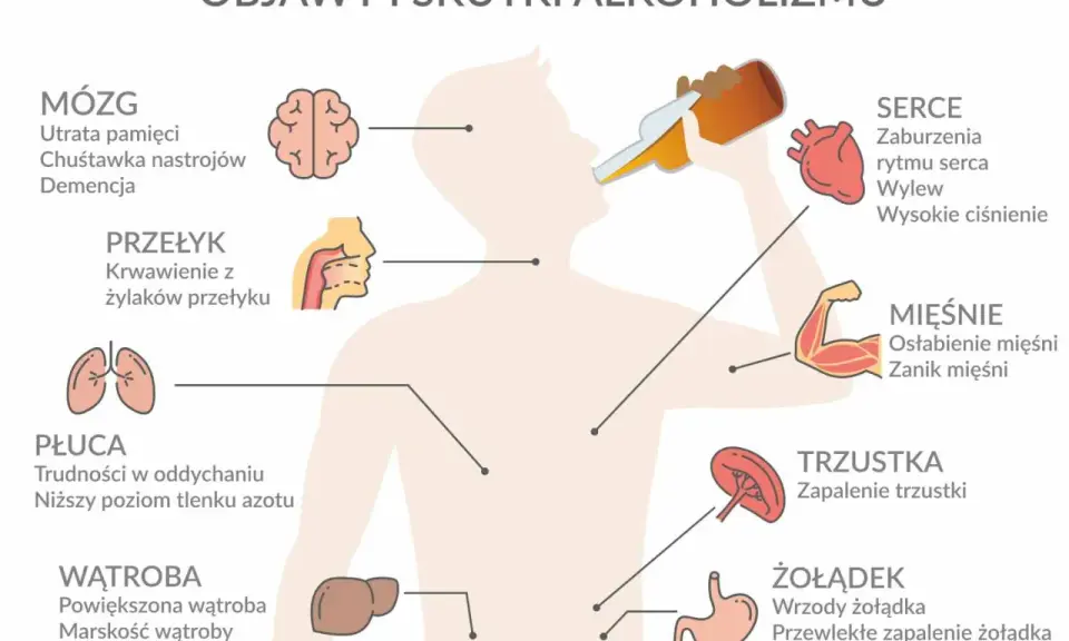 Ilustracja pokazuje skutki suchego alkoholizmu: uszkodzenia mózgu, serca, płuc, wątroby, trzustki, żołądka, przełyku i mięśni.