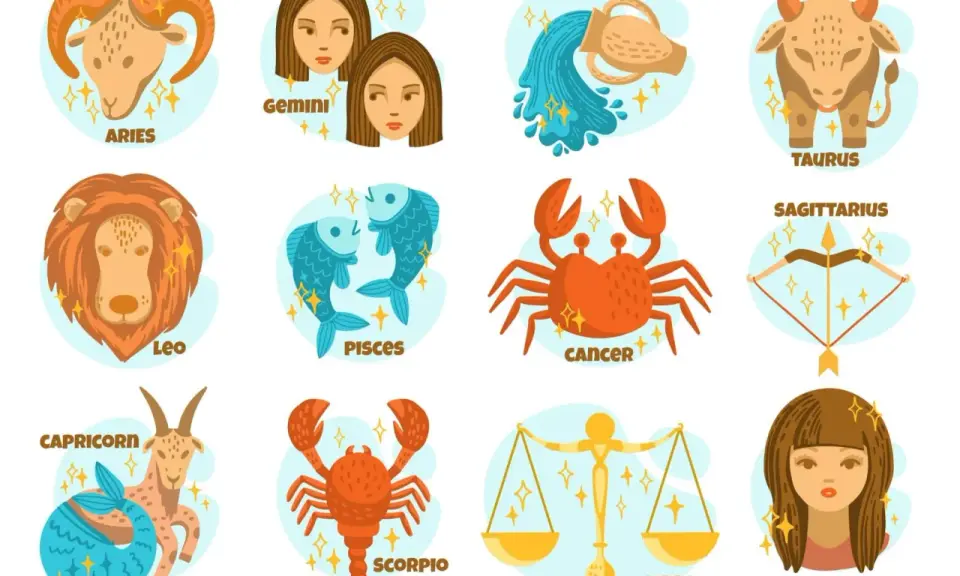 Ilustracja przedstawia znaki zodiaku: Baran, Bliźnięta, Wodnik, Byk, Lew, Ryby, Rak, Strzelec, Koziorożec, Skorpion, Waga i Panna.