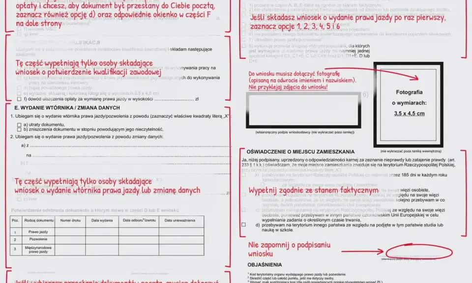 Wniosek o wydanie prawa jazdy po 10 latach: zaznacz opcje 1-6, dołącz zdjęcie 3,5x4,5 cm.