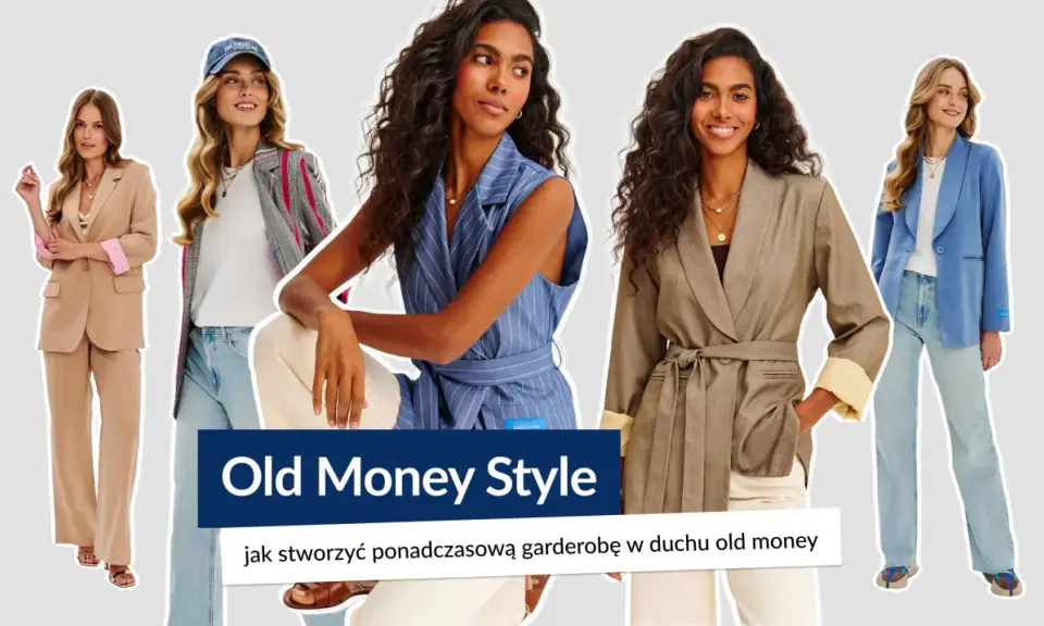 Pięć kobiet prezentuje eleganckie stylizacje w stylu old money: garnitury, marynarki i spodnie w stonowanych kolorach.