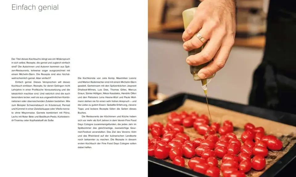 Ein Koch bereitet Tomaten für die Fine Food Days zu, indem er sie mit einer Sauce beträufelt.