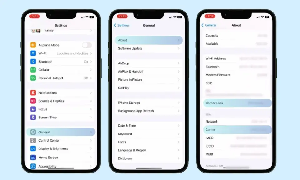 Ekran iPhone'a z ustawieniami. Widać opcję "Carrier Lock", która informuje o blokadzie simlock.