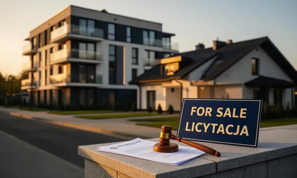 Młotek sędziowski i dokumenty na tle nowoczesnych budynków. Tabliczka "FOR SALE LICYTACJA" zapowiada **egzekucję z nieruchomości**.